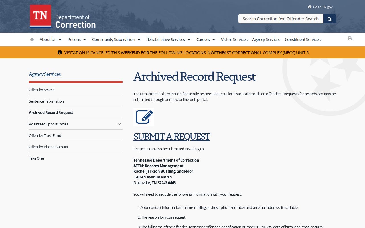 Hancock County arrest history and TDOC archived record request channels