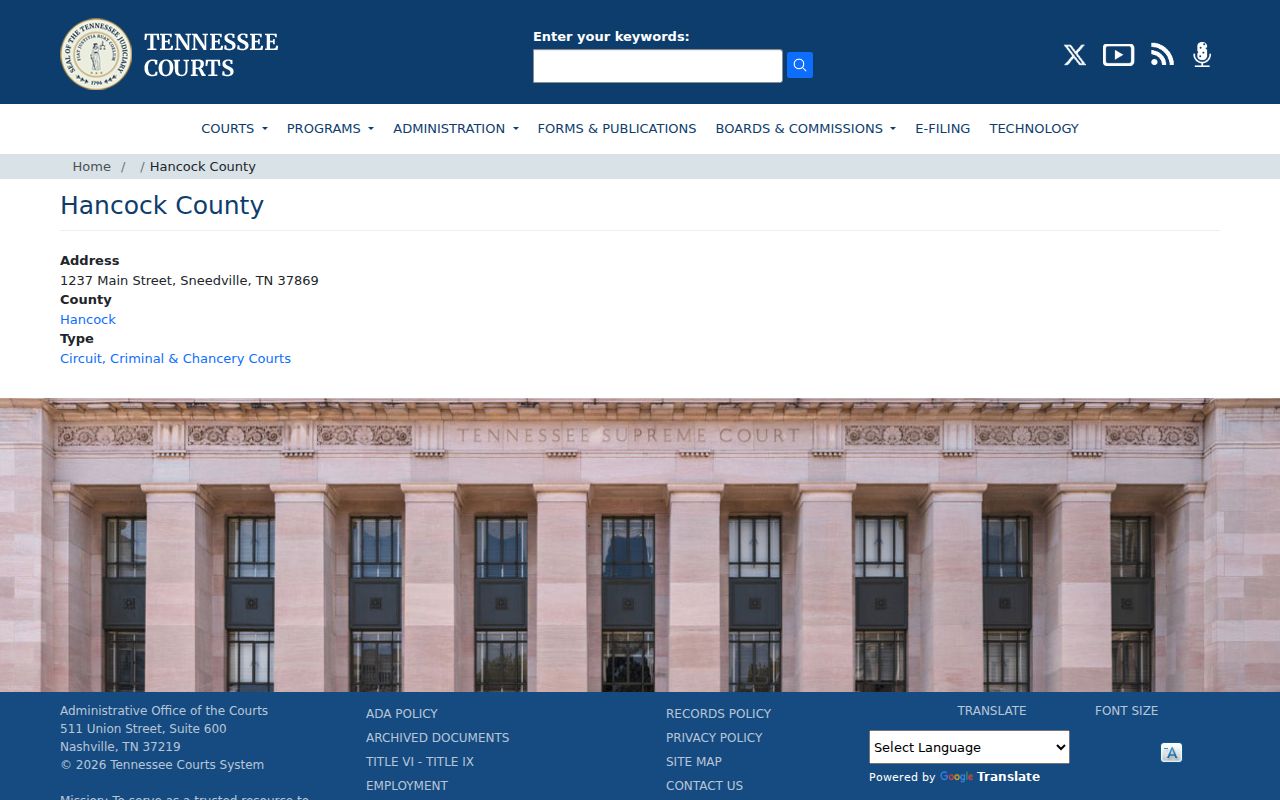 Tennessee Courts listing for Hancock County criminal court cases