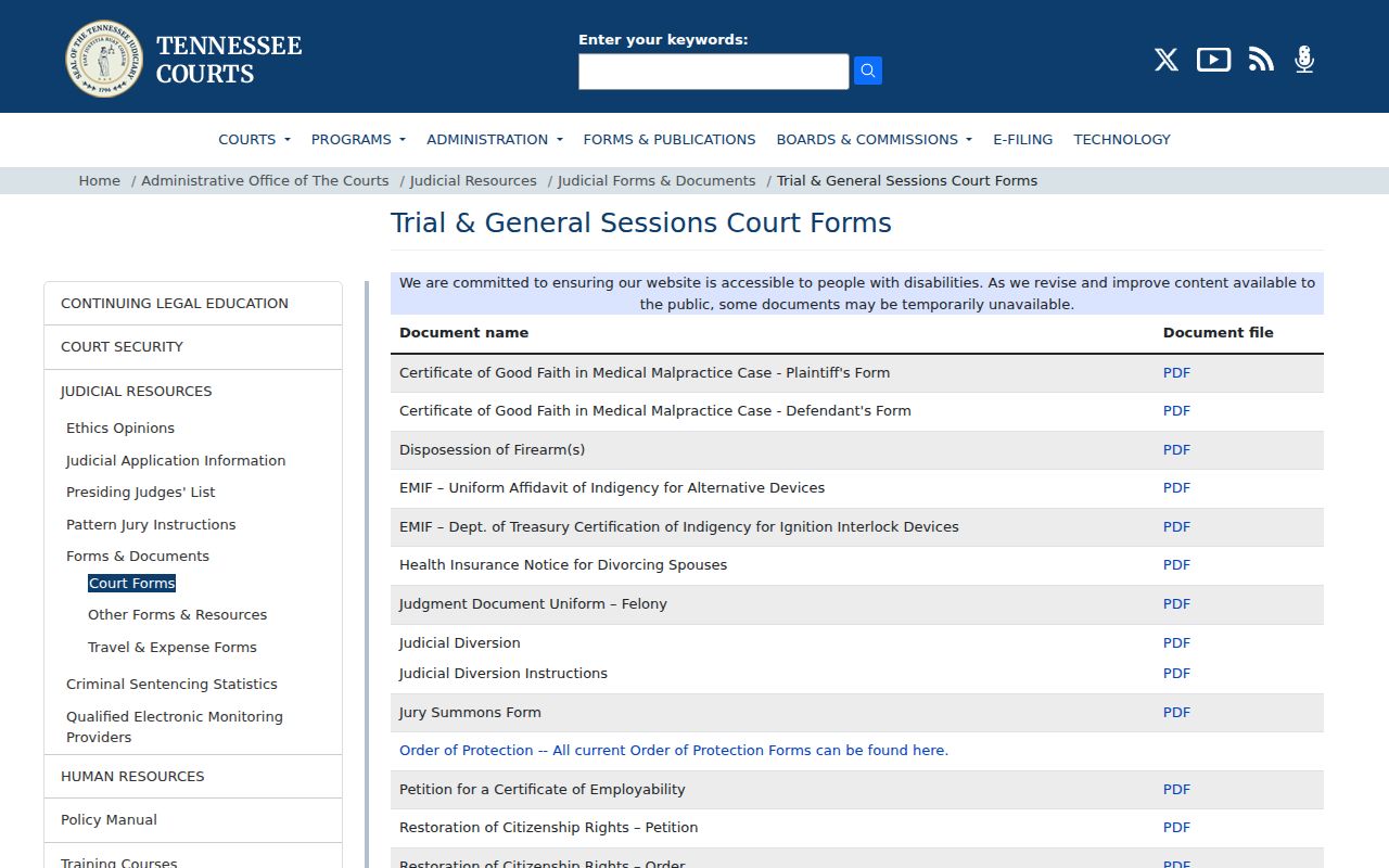 Tennessee court forms for Hancock County criminal court cases