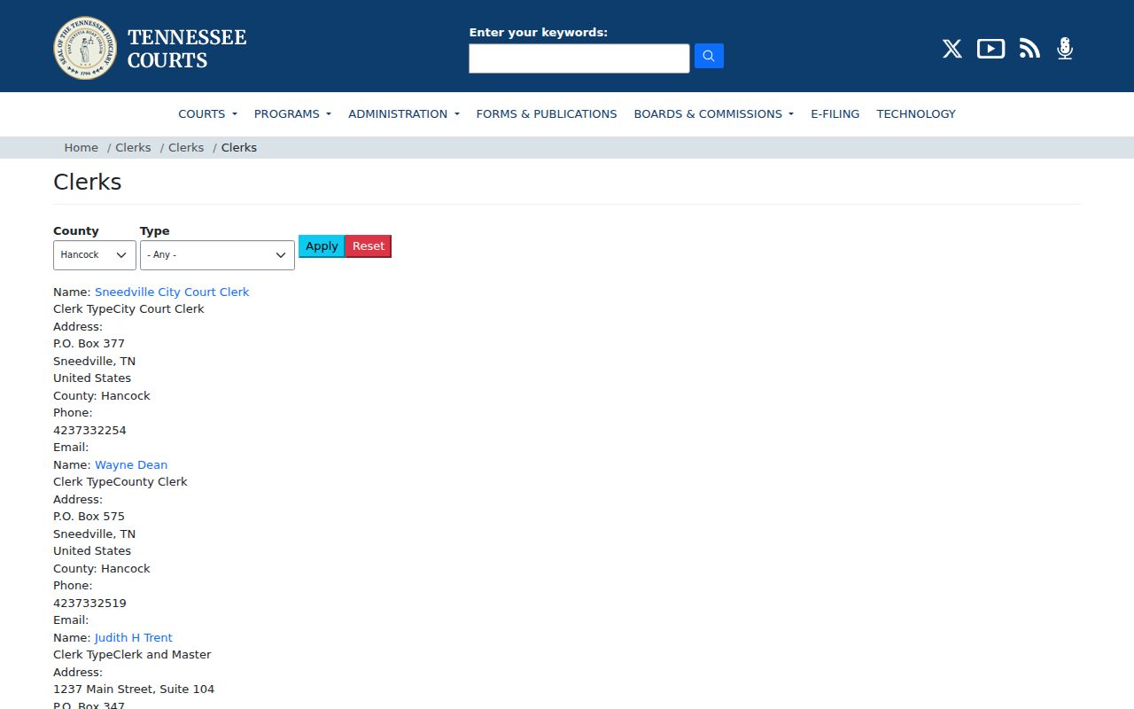 Hancock County criminal history court clerk directory