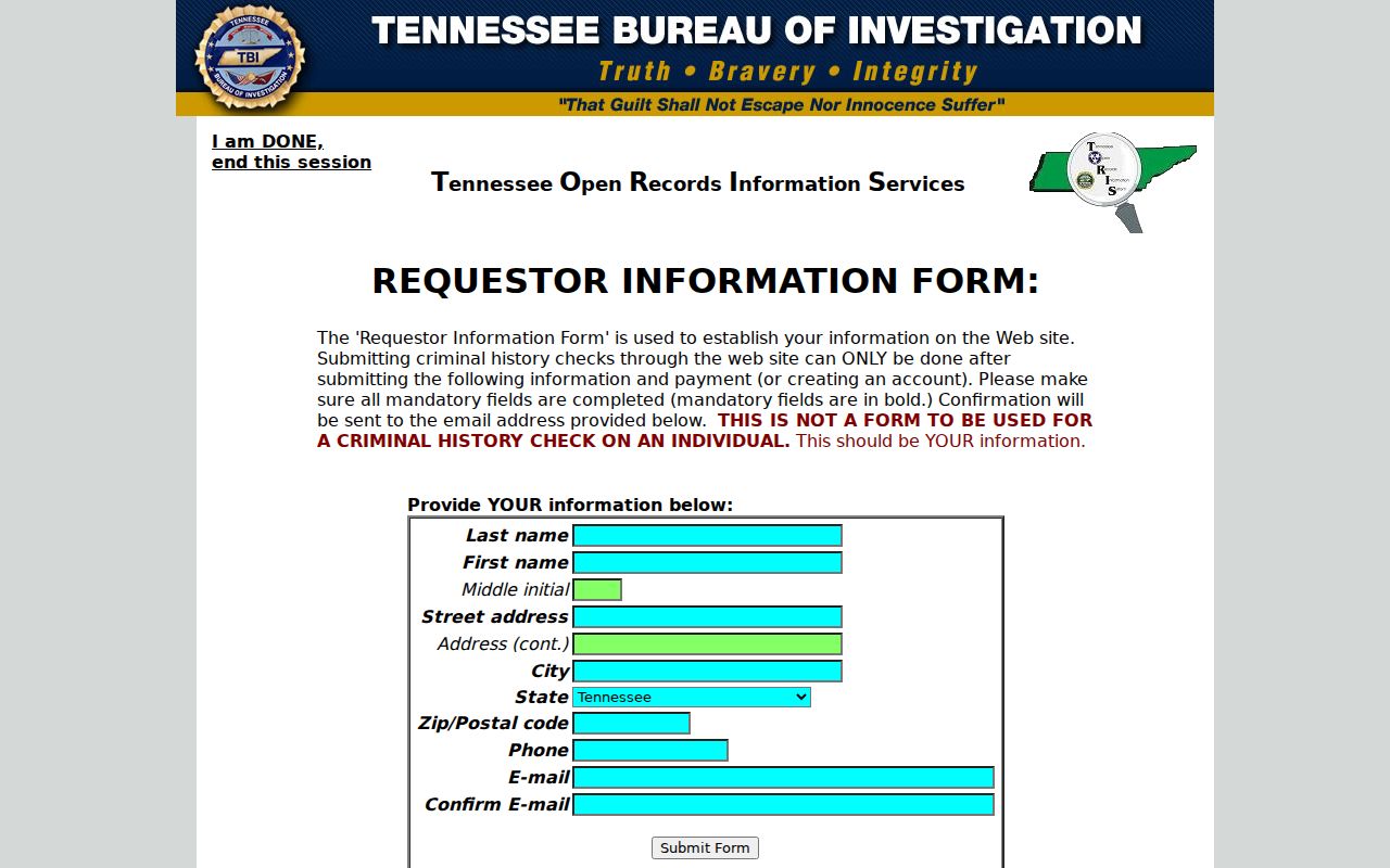 Hancock County criminal history TORIS request fields