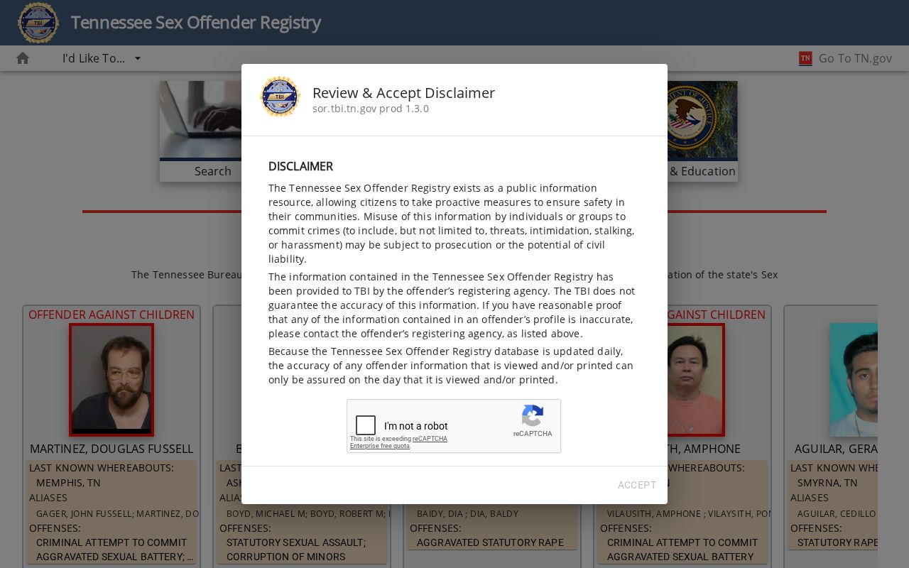 Hancock County sex offender search interface on the Tennessee registry